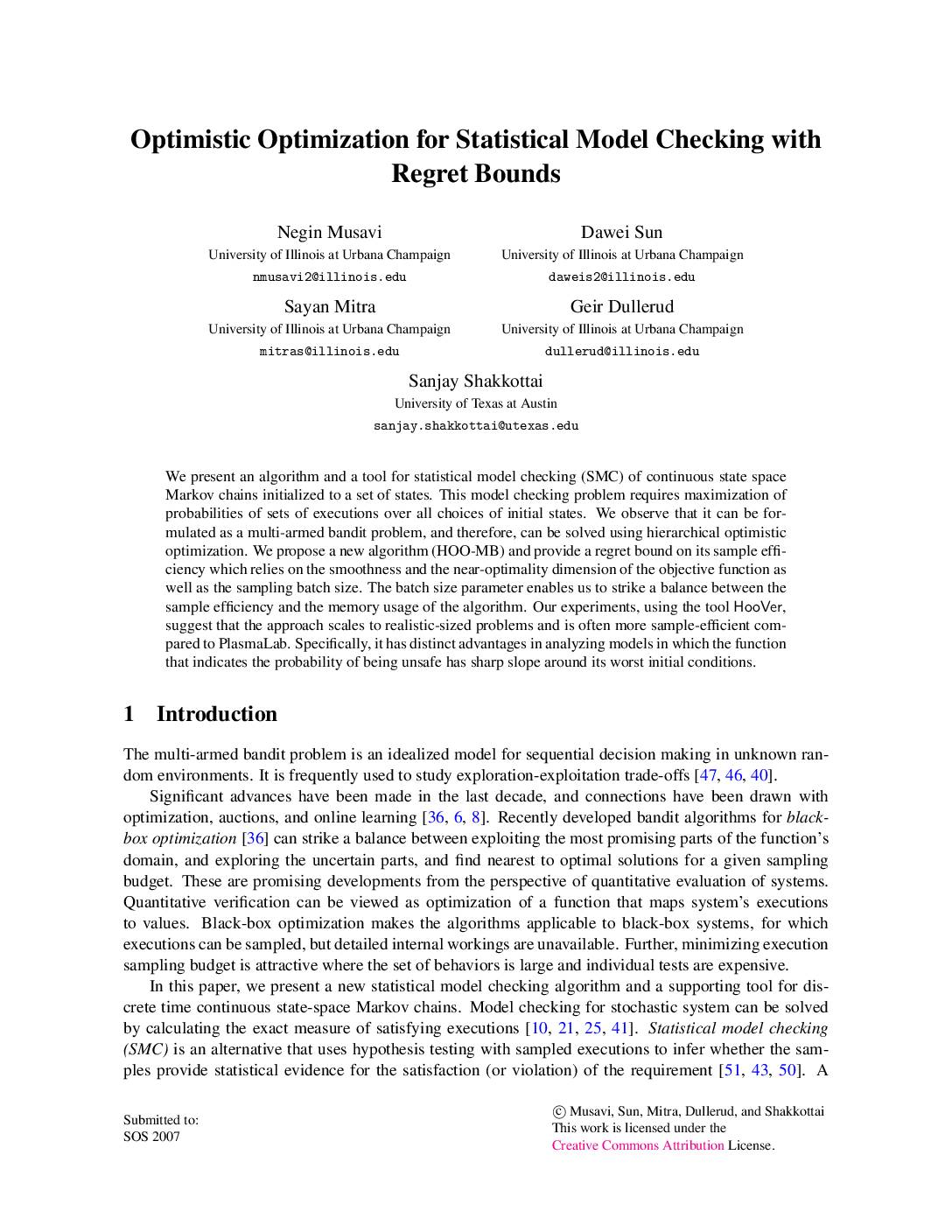 Optimistic Optimization for Statistical Model Checking with Regret Bounds