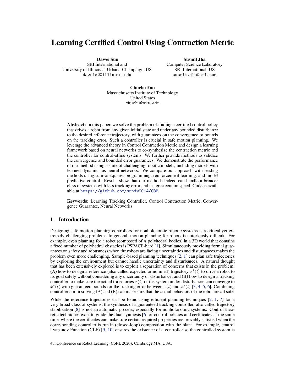 Learning Certified Control using Contraction Metric