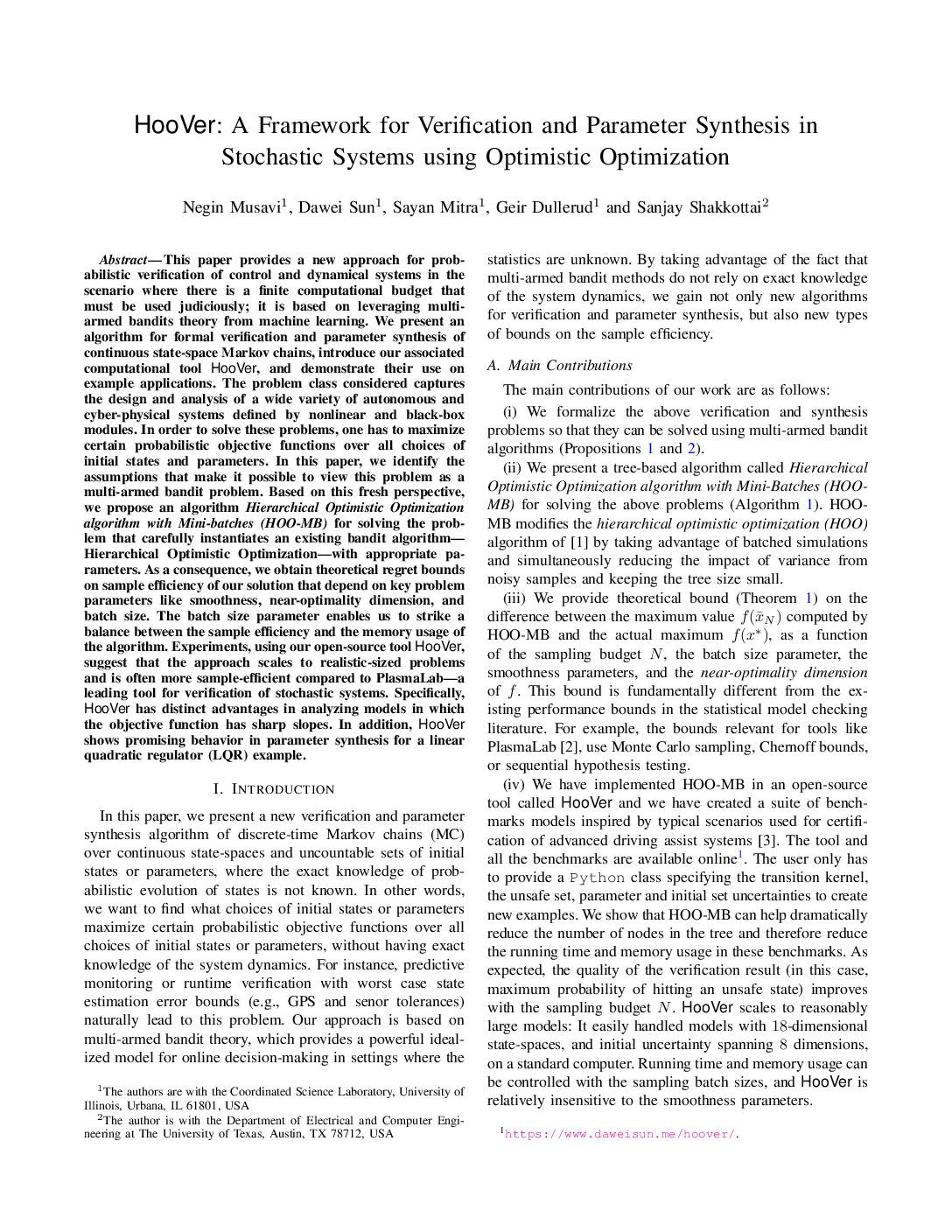 HooVer: A Framework for Verification and Parameter Synthesis in Stochastic Systems using Optimistic Optimization