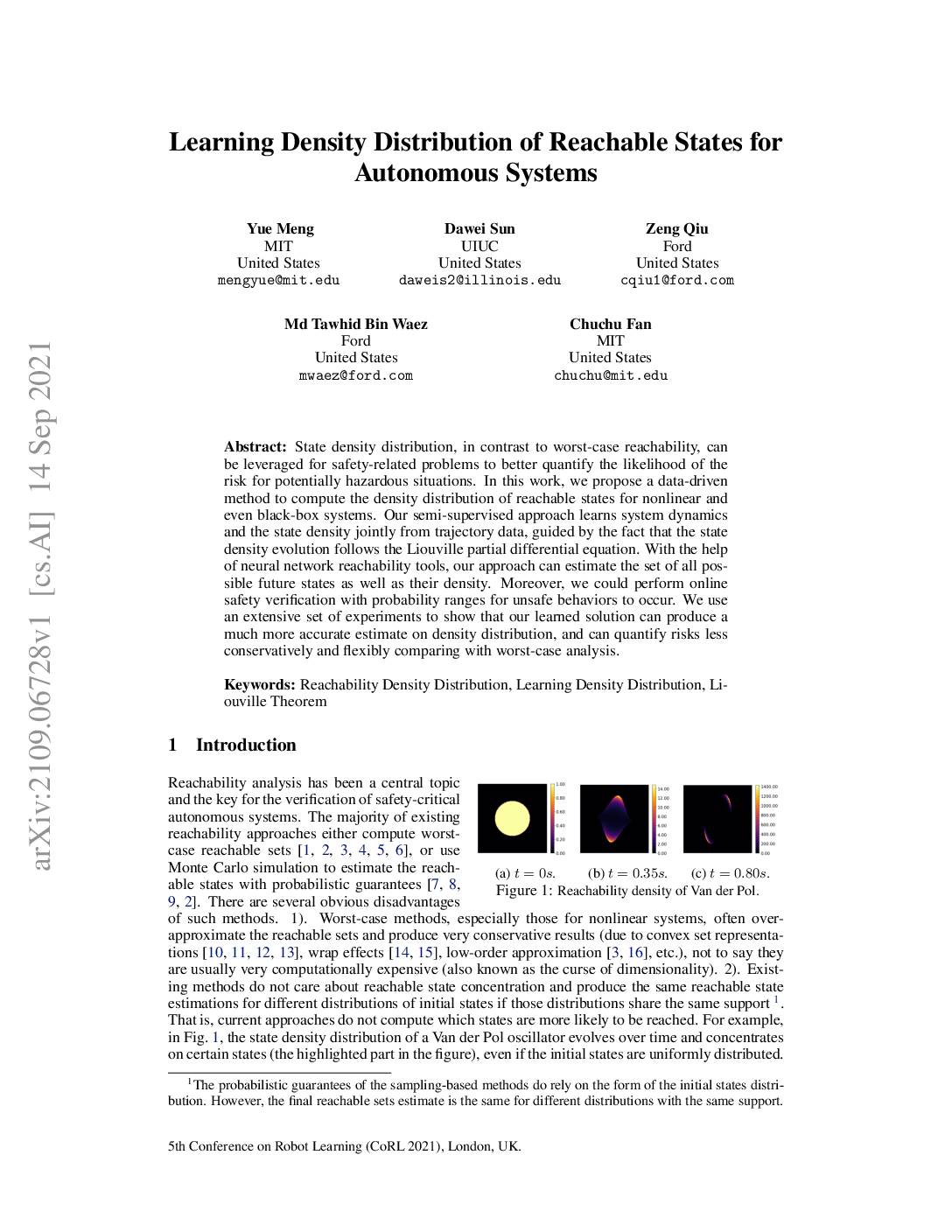 Learning Density Distribution of Reachable States for Autonomous Systems